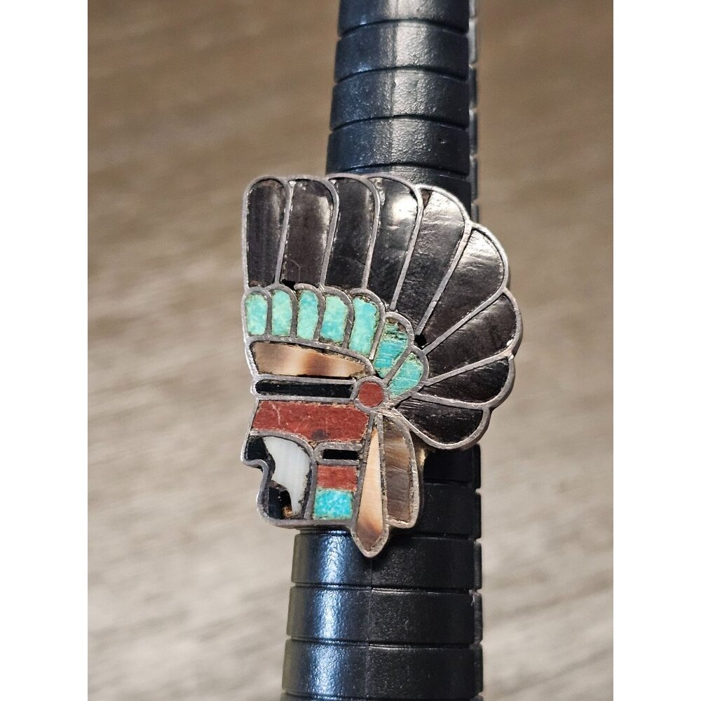 Vintage Zuni Sterling Silver Multi Gemstone Flush Inlay Comanche Chief Head Ring